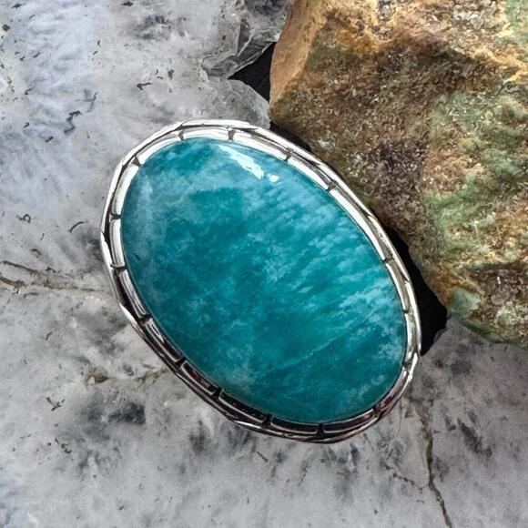 Sterling Silver Southwestern Style Oval Amazonite Decorated Ring S 9.5 For Women - Picture 1 of 10